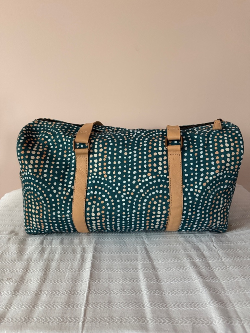Minted NWOT Teal Dot Pattern Weekender Tote with Leather Straps